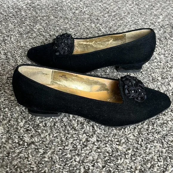 Vintage Velvet Kitten Heel Shoes Womens 8.5 Embellished Rose Coquette Whimsigoth - Picture 3 of 8